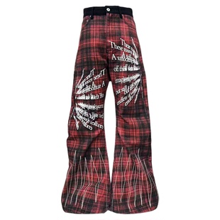 DETW 25AW*原创小众朋克定制红格子刺绣牛仔裤-设计感弯刀裤男女