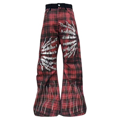 DETW朋克红格子刺绣弯刀裤