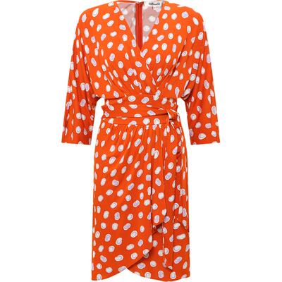 DVF橙红白漆画波点V领裹身连衣裙