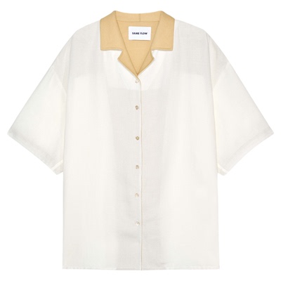 SAME FLOW 古巴领设计绅士优雅黄白领口撞色设计亚麻干爽透气衬衫