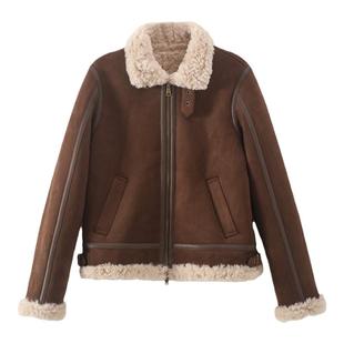 Jicouture 复古立领仿皮毛一体夹克外套女冬季短款环保羊羔毛上衣