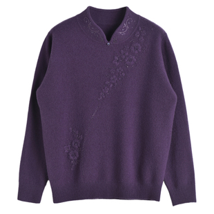 妈妈秋冬装100%纯羊毛衫女旗袍领中老年人太太宽松毛衣打底衫上衣