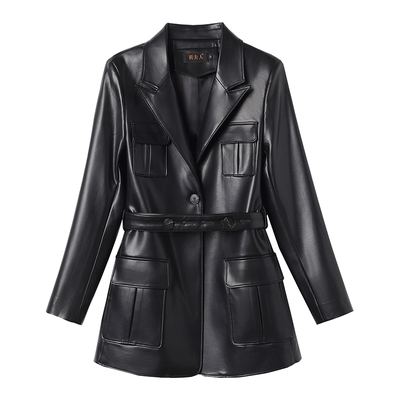 真皮皮衣女中长款复古工装西服