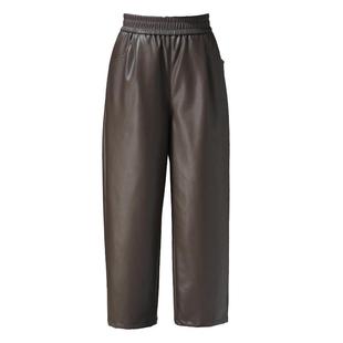 秋冬棕色PU皮裤女新款高腰宽松阔腿休闲直筒裤小个子哈伦九分裤子