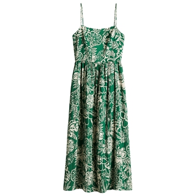 HM女装连衣裙度假风印花吊带修身亚麻混纺植物印花长裙1217048