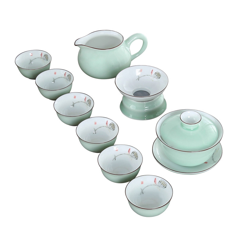 青瓷手绘功夫茶具套装中式整套茶具客厅家用陶瓷釉下盖碗茶壶茶杯