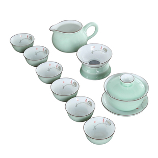 青瓷手绘功夫茶具套装中式整套茶具客厅家用陶瓷釉下盖碗茶壶茶杯