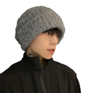 2024新款帽子男款秋冬灰黑色针织冷帽棉帽保暖大头毛线帽男冬季潮