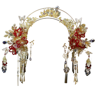 尹霞饰品红色圣女冠秀禾服头饰中式新娘结婚发饰饱满后压新款后压