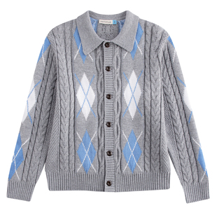 riverstone男女同款美式复古菱形格绞花毛衣外套春季新款针织开衫