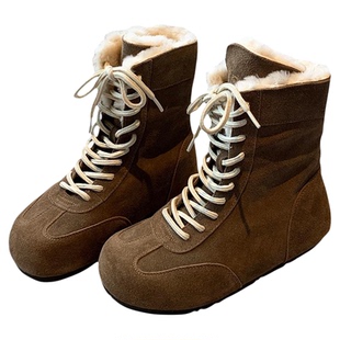 【TFM】内增高4CM~复古勃肯短靴女系带反绒皮羊毛保暖厚底棉靴子