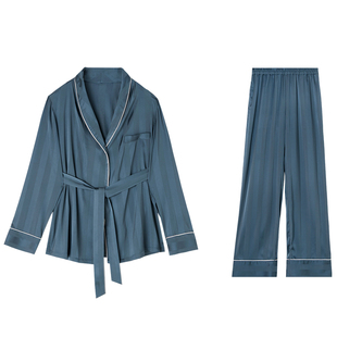 NT奈黎诗女士性感丝质条纹系带睡袍睡衣两件套春秋薄款家居服套装