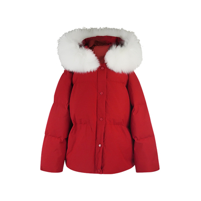 林子熙白狐大毛领圣诞红羽绒服