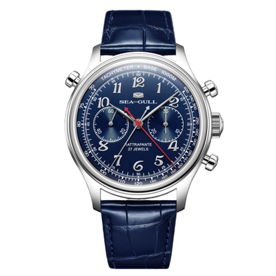 海鸥双追针手动计时码表蓝色限量