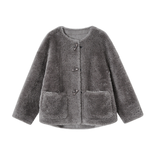 indicia标记羊羔毛短款咖色牛角扣女厚外套2025春冬新款L2D5WT259