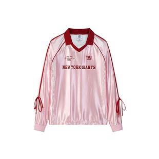 NFL美橄NY巨人队长袖 陈芷琰同款红粉色复古蕾丝织带POLO领球衣女