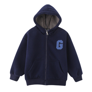 儿童装纯柔软棉一体加羊羔绒外套男童加厚连带帽衫拉链卫衣冬款新