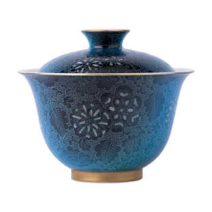 富玉窑手工扒花陶瓷功夫茶具套装蓝色花卉镂空雕花茶杯茶碗礼盒装