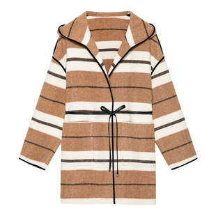 DKNY唐可娜儿秋冬季女装上衣经典条纹复古羊毛双面呢连帽斗篷大衣