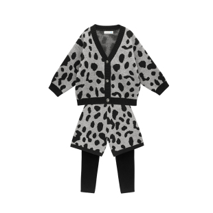 团子麻麻男童套装秋装新款针织开衫豹纹假两件裤儿童毛衣两件套潮