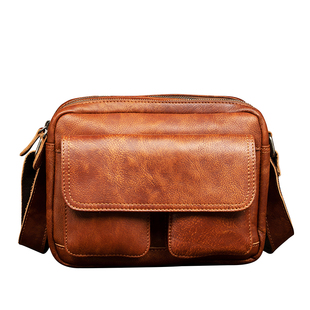 手工植鞣牛皮斜挎包男士横款男包复古单肩包真皮休闲通勤风邮差包