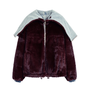 Desigual宽松双面两穿牛仔仿皮草连帽长袖女式外套