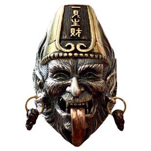 黑白无常戒指纯银手工精雕一见生财天下太平个性男款复古开口指环