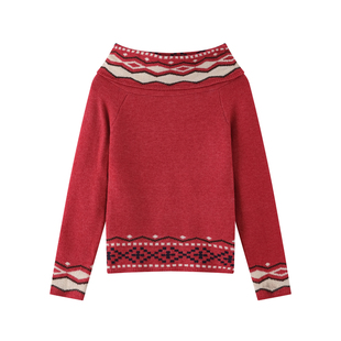 BNMGIN一式多穿连帽一字肩红色毛衣女冬季圣诞战袍套头毛织衫上衣