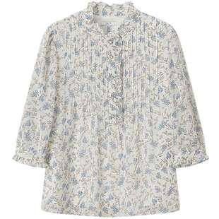 FINITY菲妮迪雪纺衫2025秋新款简约木耳边领口印花七分袖上衣女