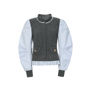 lefame拉飞姆冬季老钱风灰色拼接毛织针梭织衬衫针织开衫上衣女