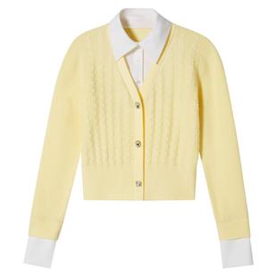 SALT.P可颜2024年冬季新款浅黄色假两件衬衫领针织衫女拼接上衣