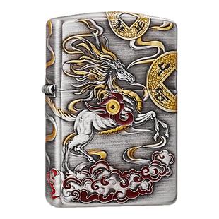 zippo打火机原装正品马上有钱熏银盔甲鎏金浮雕珐琅煤油防风男女