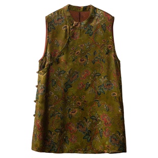 一丝牵100%桑蚕丝老钱风红云纱花萝女国风盘扣真丝中长款奥黛上衣