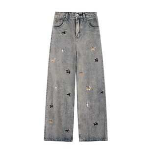 300斤特大码美式高街加绒牛仔裤女胖mm复古蓝卡通刺绣加厚阔腿裤