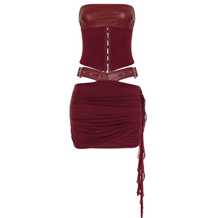 DARLINGAGA小众设计皮革拼接红色套裙女束腰绑带露背抹胸+包臀裙