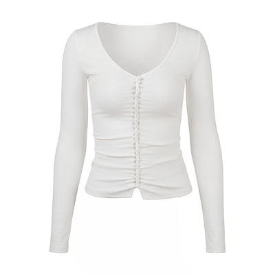 PynkiSwear 白色/灰色V领手工扭结设计修身弹力针织T恤长袖打底衫