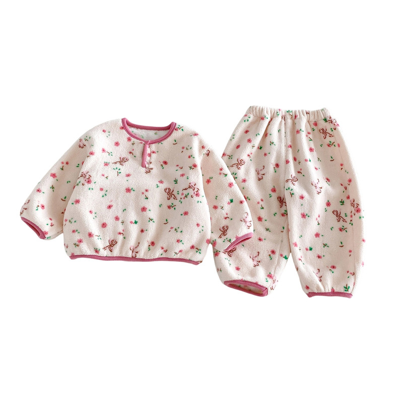 女宝宝秋冬撞色卡通家居服两件套