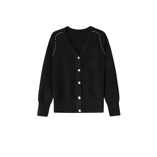 白鹿语简约优雅V领开衫短外套秋冬款时尚钉珠泡泡袖宽松针织衫女