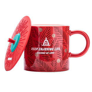 Promates红色女士高颜值马克杯带盖陶瓷女生圣诞插画高级杯子