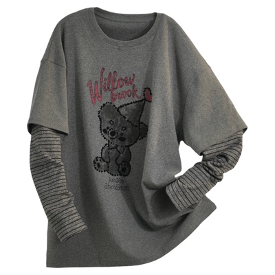 BBFER本依凡假两件长袖T恤卡通印花针织衫设计感打底上衣女0003