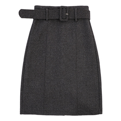 韩系美拉德羊毛开叉包臀毛呢中裙