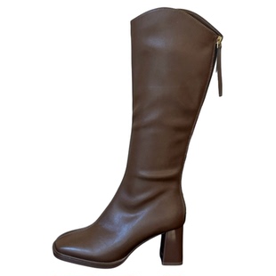 方头粗跟V口长筒靴女2025冬季新款加绒显瘦不过膝高筒靴高跟长靴