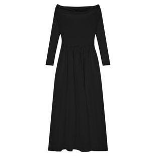 一字肩连衣裙女秋冬天小黑裙晚礼服高级感黑色针织长袖长裙子法式
