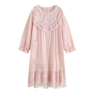 罗丝美2024秋冬新款14211纯棉60支直贡圆领全开襟长袖睡裙洋装女