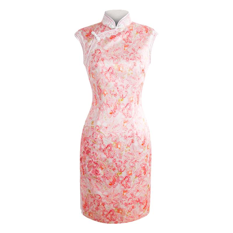 新款透气轻熟花色复古风短旗袍