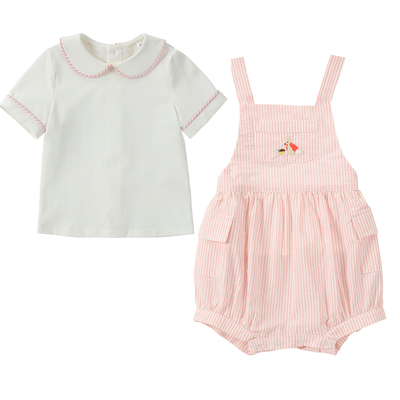 three sailors英伦条纹粉色宝宝夏短袖爬服女童背带裤刺绣姐弟装