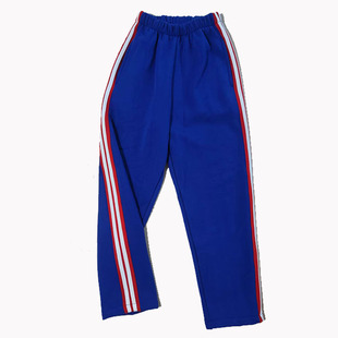 中小学生四季校服长裤宝蓝色拼大红宽杠压两道白杠运动裤直筒休闲