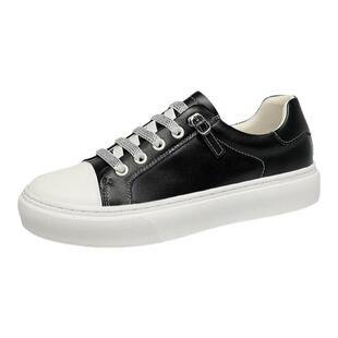 金利来女鞋春秋款皮面平底休闲鞋时尚松紧带真皮百搭运动小白鞋女