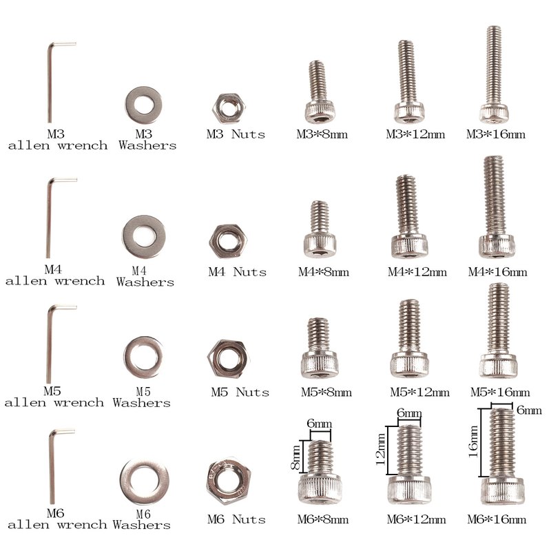 400只套装M3M4M5M6不锈钢圆柱//头圆螺母扳手螺钉内六角推止/垫圈