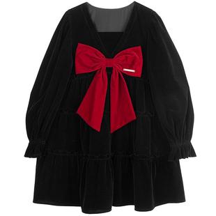 KEIKO 法式蝴蝶结饰丝绒连衣裙26早春千金感约会穿搭礼服小黑裙子